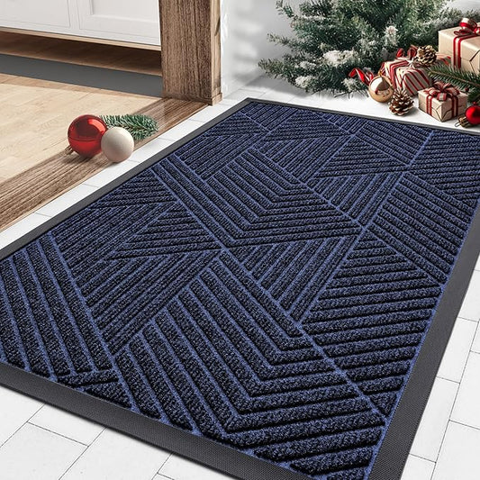 Smiry Front Door Mat Outside Entrance, Heavy Duty Sturdy Natural Rubber Doormat, Trap Dirt and Moisture, Easy Clean Low Profile Mats for Indoor Outdoor Entry, Irregular Triangle (29.5x17, Navy Blue)