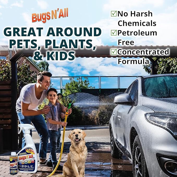 Bugs N’ All Multipurpose Car Cleaner & Degreaser - Bug & Tar Remover Concentrate 4 oz - Exterior Cleaner Safe for Car Paint, Metal, Chrome, Aluminum, Windows & Mirrors - w/Free 32 oz Spray Bottle