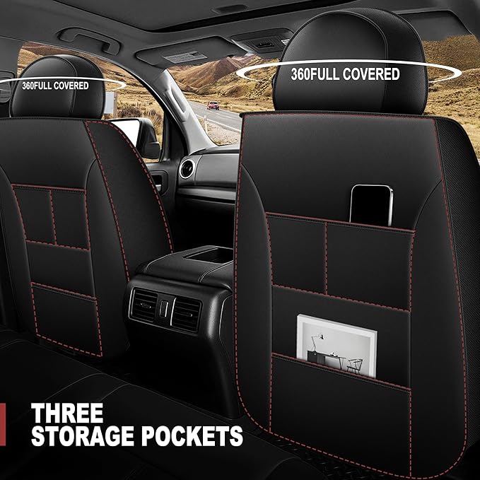 AOMSAZTO Seat Covers Custom Fit for 2014-2021 Toyota Tundra Crewmax Double Cab Breathable Leather Truck Car Seat Covers Full Set (Black)