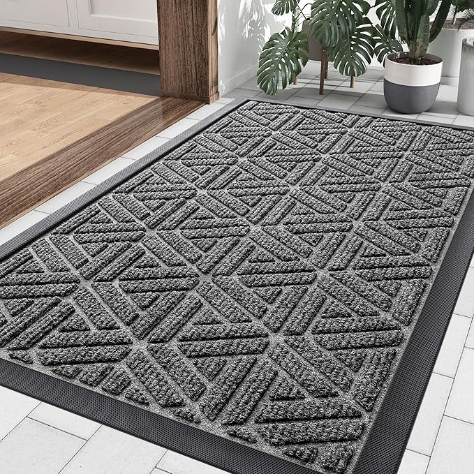 Smiry Front Door Mat Outside Entrance, Heavy Duty Sturdy Natural Rubber Doormat, Trap Dirt and Moisture, Easy Clean Low Profile Mats for Indoor Outdoor Entry, Grid Geometric (29.5x17, Silver Grey)
