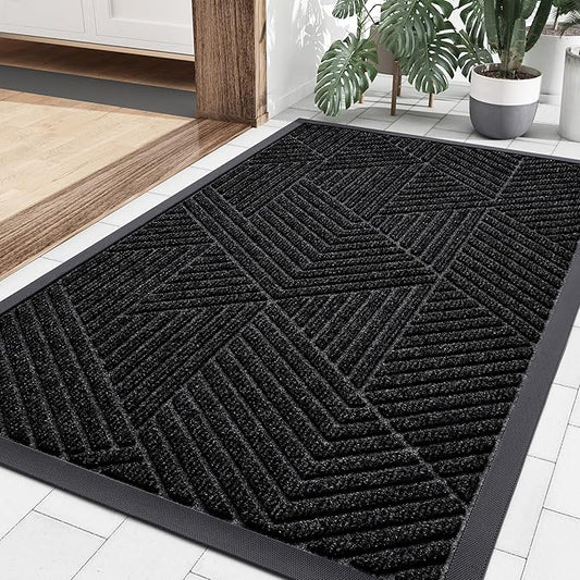 Smiry Front Door Mat Outside Entrance, Heavy Duty Sturdy Natural Rubber Doormat, Trap Dirt and Moisture, Easy Clean Low Profile Mats for Indoor Outdoor Entry, Irregular Triangle (33x21, Black)