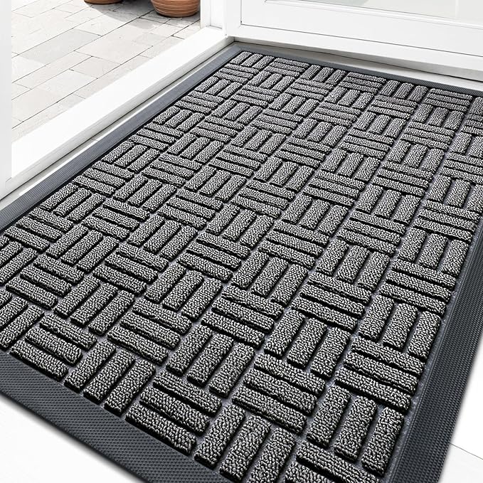 OLANLY Front Door Mat Outside Entrance 29.5x17, Absorbent, Heavy Duty Sturdy Natural Rubber Doormat Indoor Outdoor, Stain and Fade Resistant, Non-Slip Backing Low Profile Floor Mat for Entryway, Grey