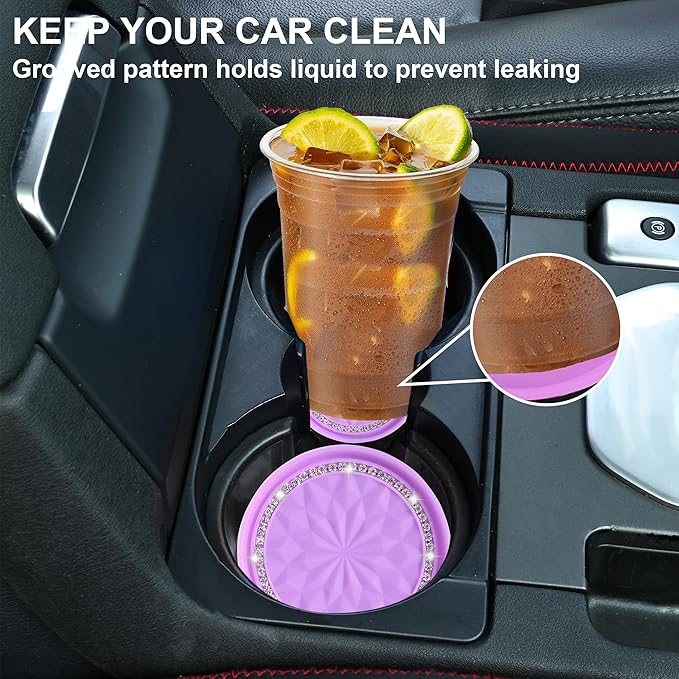 Amooca Car Cup Coaster 4 Pack Universal Non-Slip Cup Holders Insert Coasters Bling Crystal Rhinestone Car Interior Accessories Purple Flower
