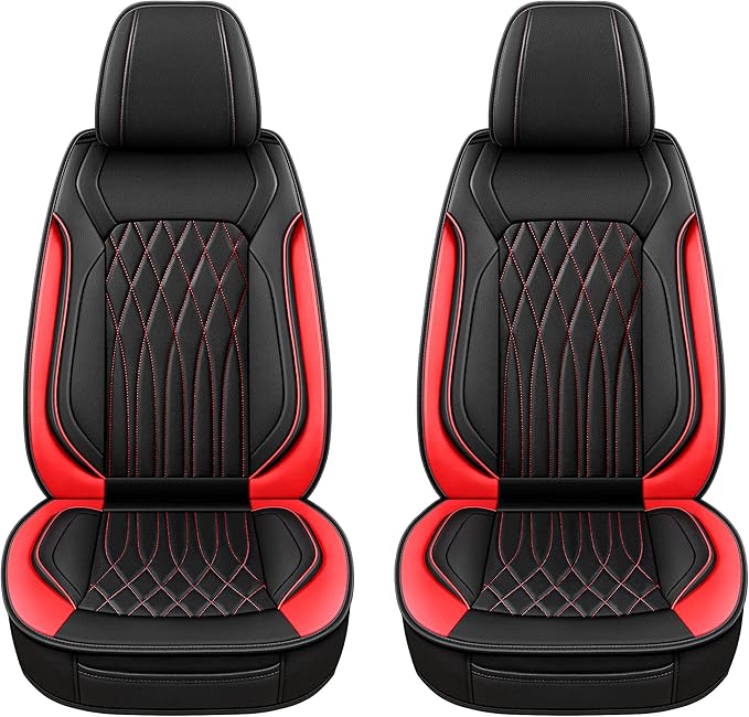 Pariitadin Leather Car Seat Covers Front Pair, Waterproof Faux Leather Seat Covers for Cars, Non-Slip Car Interior Covers Universal Fit for Most Cars Sedans Trucks SUVs, Black/Red Line