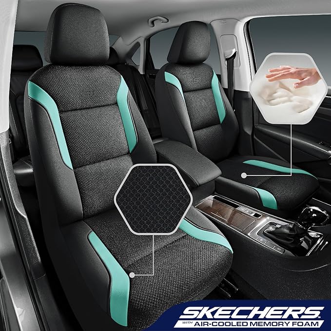 Skechers Memory Foam Car Seat Covers, Air Cool Mesh Thick Seat Covers, Car Seat Full Sets, Airbag Compatible, Automotive Comfort Protection for Most Cars,Vans,Trucks, SUVs,Green