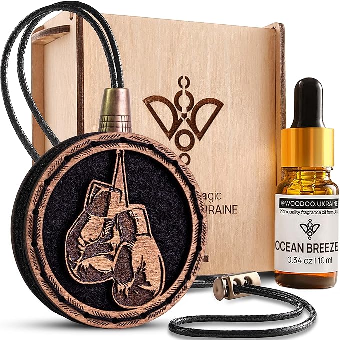 Wood Car Air Freshener — Handmade Car Air Freshener — Boxing Gloves Designed Fragrance Oil Diffuser in Wooden Gift Box — Aromatherapy Gift Set with Ocean Breeze Fragrance Oil - 10 ml