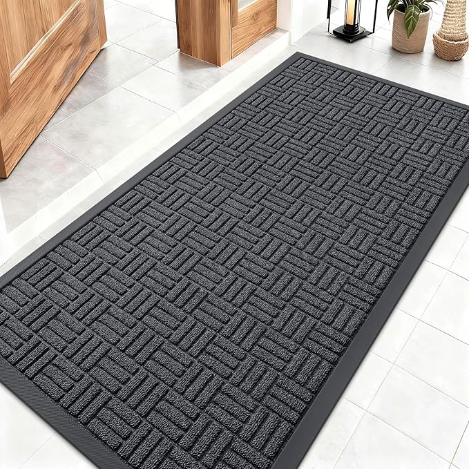 OLANLY Front Door Mat Outside Entrance 47x23, Absorbent, Heavy Duty Sturdy Natural Rubber Doormat Indoor Outdoor, Non-Slip, Stain and Fade Resistant, Low Profile Floor Mat for Entryway, Black Gray