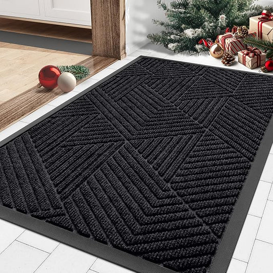 Smiry Front Door Mat Outside Entrance, Heavy Duty Sturdy Natural Rubber Doormat, Trap Dirt and Moisture, Easy Clean Low Profile Mats for Indoor Outdoor Entry, Irregular Triangle (29.5x17, Black)