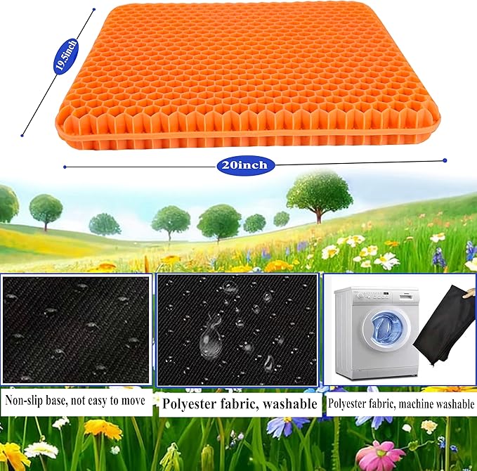 Plus Size Gel Seat Cushion, Extra Large and Thick, Seat Cushion for Pressure Relief for Back, Hip, Sciatica, Tailbone Pain, Use for The Office, Wheelchair, Car, Recliner, Truck, Trip, Stadium.(Orange)