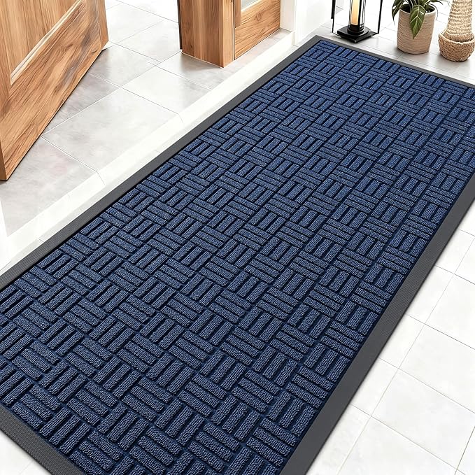 OLANLY Front Door Mat Outside Entrance 59x23, Absorbent, Heavy Duty Sturdy Natural Rubber Doormat Indoor Outdoor, Non-Slip, Stain and Fade Resistant, Low Profile Floor Mat for Entryway, Navy Blue