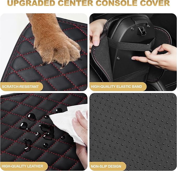 Car Armrest Cover Fit for Acura RLX Leather Center Console Cover Cushion with 2 Storage Bags(Black&Redline)
