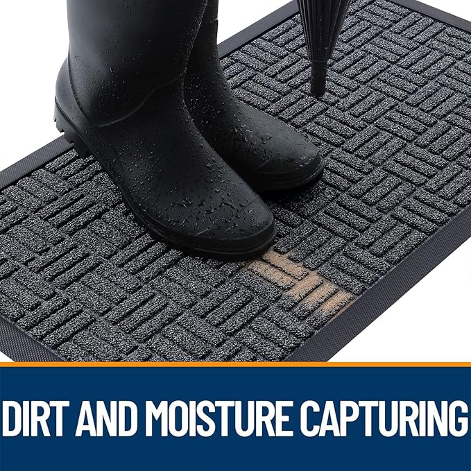 OLANLY Front Door Mat Outside Entrance 35x23, Absorbent, Heavy Duty Sturdy Natural Rubber Doormat Indoor Outdoor, Non-Slip, Stain and Fade Resistant, Low Profile Floor Mat for Entryway, Black Gray