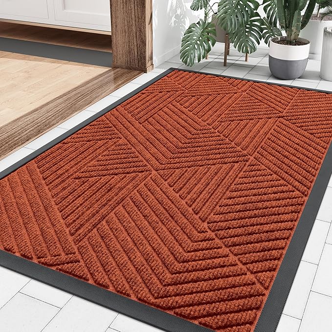 Smiry Front Door Mat Outside Entrance, Heavy Duty Sturdy Natural Rubber Doormat, Trap Dirt and Moisture, Easy Clean Low Profile Mats for Indoor Outdoor Entry, Irregular Triangle (36x24, BRN-Orange)