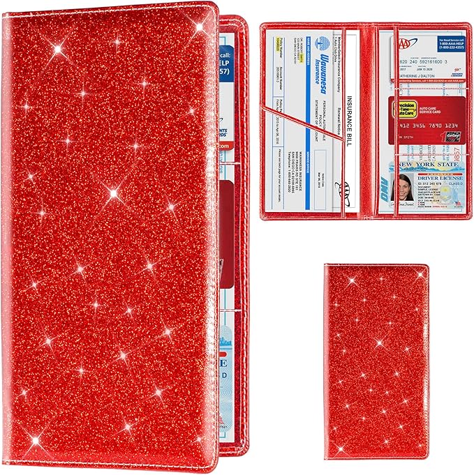 TOURSUIT Car Registration and Insurance Card Holder, Vehicle License Document Glove Box Compartment Organizer, Interior Car Accessories for Women Men Teens (Glitter Red)