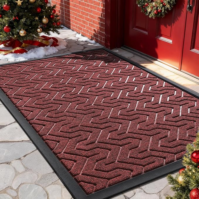 Yimobra Front Door Mat Outside Entrance 29.5x17, Waterproof Heavy Duty Outdoor Mats for Front Door, Non Slip Rubber Entry Mat for Garage Patio Indoor, Black Red