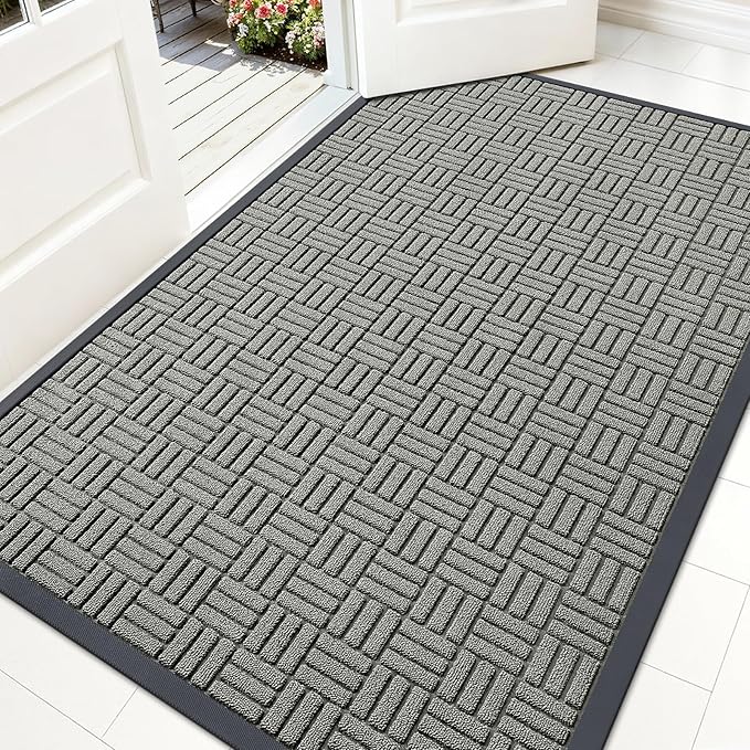 OLANLY Front Door Mat Outside Entrance 59x34, Absorbent, Heavy Duty Sturdy Natural Rubber Doormat Indoor Outdoor, Non-Slip, Stain and Fade Resistant, Low Profile Floor Mat for Entryway, Modern Gray