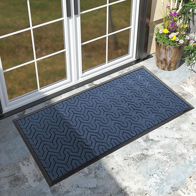 Yimobra Large Door Mat Outside Entrance 47x24, Waterproof Heavy Duty Outdoor Mats for Front Door, Non Slip Rubber Entry Mat for Garage Patio Indoor, Easy Clean, Blue