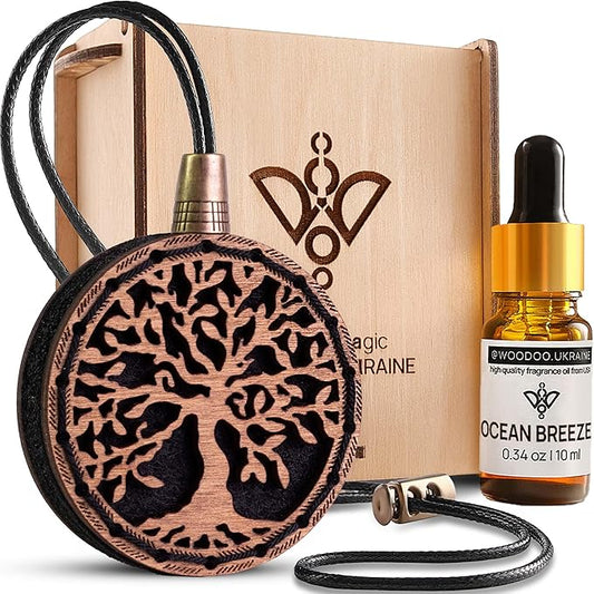 Wood Car Air Freshener — Handmade Car Air Freshener — Tree Of Life Designed Fragrance Oil Diffuser in Wooden Gift Box — Aromatherapy Gift Set with Ocean Breeze Fragrance Oil - 10 ml