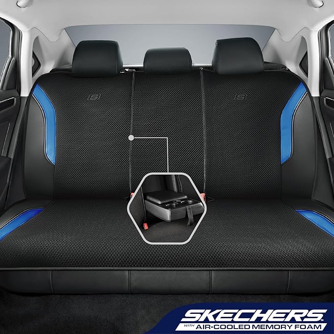 Skechers Memory Foam Car Seat Covers, Air Cool Mesh Thick Seat Covers, Car Seat Cover Full Sets, Airbag Compatible, Automotive Comfort Protection for Most Cars,Vans,Trucks, SUVs,Blue