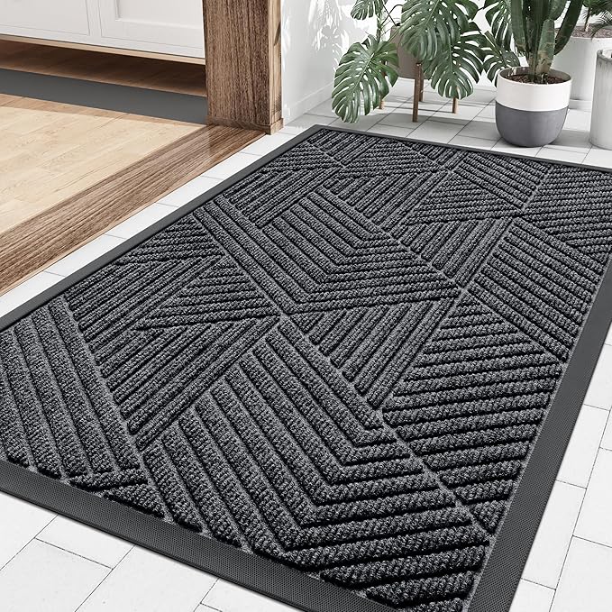 Smiry Front Door Mat Outside Entrance, Heavy Duty Sturdy Natural Rubber Doormat, Trap Dirt and Moisture, Easy Clean Low Profile Mats for Indoor Outdoor Entry, Irregular Triangle (36x24, Silver Grey)