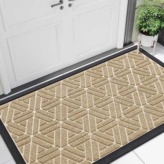 Smiry Front Door Mat Outside Entrance, Heavy Duty Sturdy Natural Rubber Doormat, Trap Dirt and Moisture, Easy Clean Low Profile Mats for Indoor Outdoor Entry, Grid Geometric (47x24, Beige)