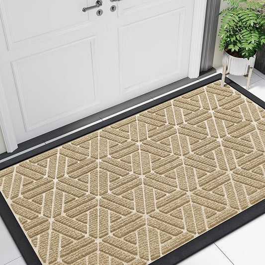 Smiry Front Door Mat Outside Entrance, Heavy Duty Sturdy Natural Rubber Doormat, Trap Dirt and Moisture, Easy Clean Low Profile Mats for Indoor Outdoor Entry, Grid Geometric (47x24, Beige)