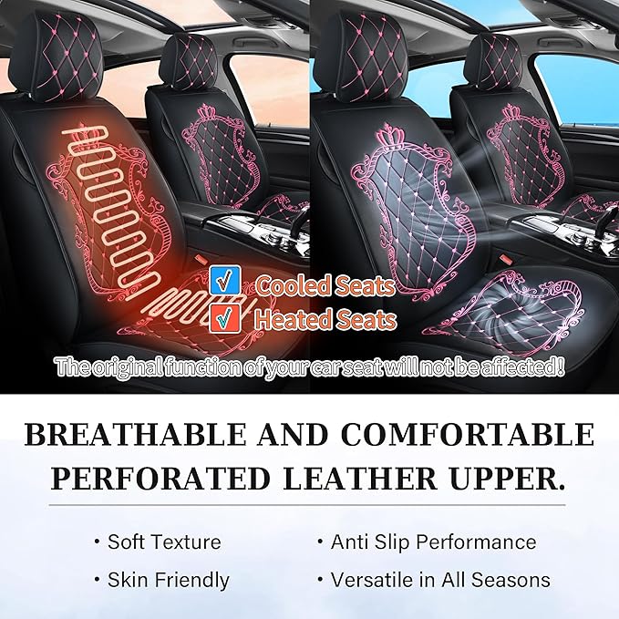 Skysep Crown Full Set Universal Fit 5 Seats Car Surrounded Waterproof Leather Car Seat Covers Protector Adjustable Removable Auto Seat Cushions with 2 Waist Pillows 2 Headrest Pillows (Black & Rose)
