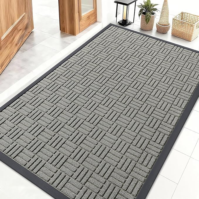 OLANLY Front Door Mat Outside Entrance 47x32, Absorbent, Heavy Duty Sturdy Natural Rubber Doormat Indoor Outdoor, Non-Slip, Stain and Fade Resistant, Low Profile Floor Mat for Entryway, Modern Gray