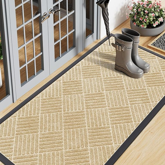 Smiry Front Door Mat Outside Entrance, Heavy Duty Outdoor Indoor Natural Rubber Doormat, Non Slip, Trap Dirt and Moisture, Easy Clean, Low Profile Patio Porch Entryway Mat, 59x23, Beige