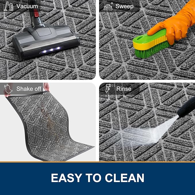 Smiry Front Door Mat Outside Entrance, Heavy Duty Sturdy Natural Rubber Doormat, Trap Dirt and Moisture, Easy Clean Low Profile Mats for Indoor Outdoor Entry, Grid Geometric (36x24, Silver Grey)