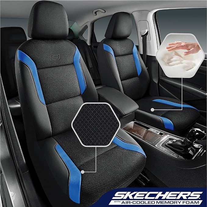 Skechers Memory Foam Car Seat Covers, Air Cool Mesh Thick Seat Covers,Car Seat Covers Front Seats Airbag Compatible, Automotive Comfort & Protection for Most Cars, Vans,Trucks, SUVs,Blue