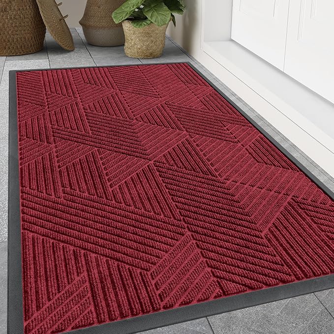 Smiry Front Door Mat Outside Entrance, Heavy Duty Sturdy Natural Rubber Doormat, Trap Dirt and Moisture, Easy Clean Low Profile Mats for Indoor Outdoor Entry, Irregular Triangle (47x24, Wine Red)