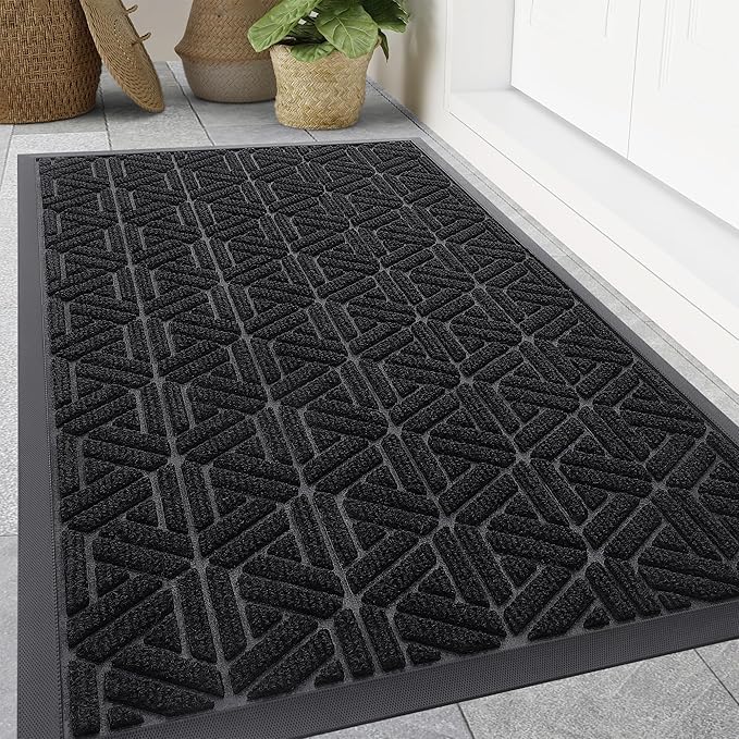 Smiry Front Door Mat Outside Entrance, Heavy Duty Sturdy Natural Rubber Doormat, Trap Dirt and Moisture, Easy Clean Low Profile Mats for Indoor Outdoor Entry, Grid Geometric (71x47, Black)