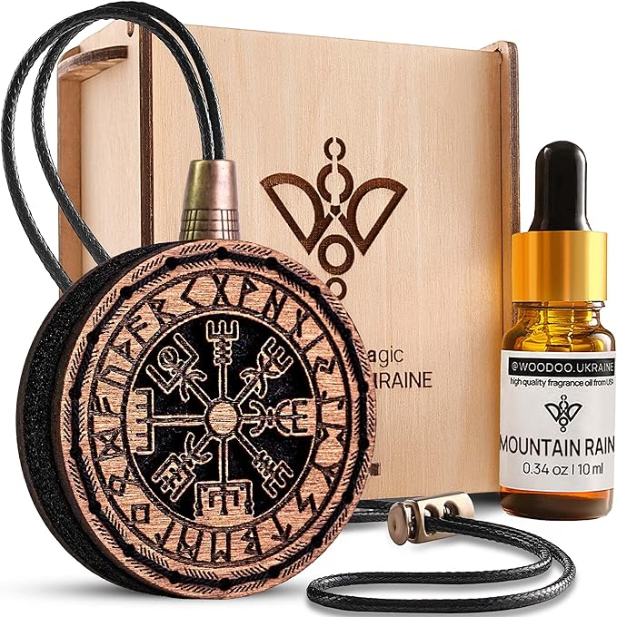Wood Car Air Freshener — Handmade Car Air Freshener — Vegvisir Designed Fragrance Oil Diffuser in Wooden Gift Box — Aromatherapy Gift Set with Mountain Rain Fragrance Oil - 10 ml