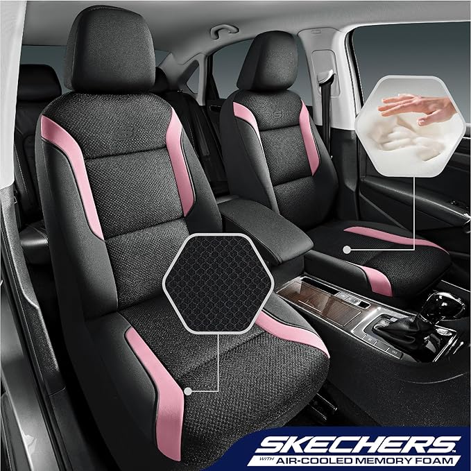Skechers Memory Foam Car Seat Covers, Air Cool Mesh Thick Seat Covers, Car Seat Covers Front Seats Airbag Compatible, Automotive Comfort Protection for Most Cars, Vans,Trucks, SUVs,Pink