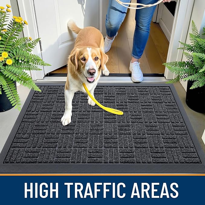 OLANLY Front Door Mat Outside Entrance 59x34, Absorbent, Heavy Duty Sturdy Natural Rubber Doormat Indoor Outdoor, Non-Slip, Stain and Fade Resistant, Low Profile Floor Mat for Entryway, Black Gray