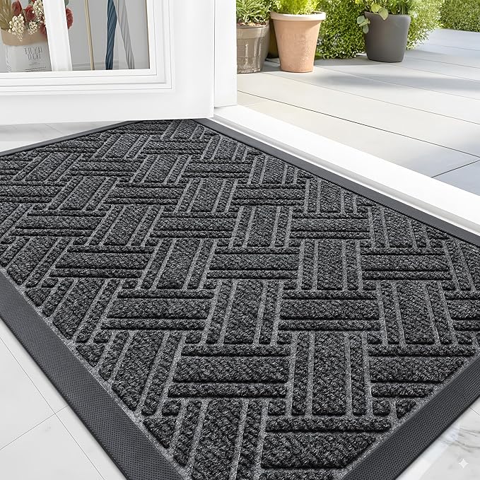 OLANLY Indoor Outdoor Mat, Sturdy Natural Rubber Floor Mat, Non Slip Low Profile Waterproof Doormat, and Stain Front Door Mats, Easy Clean Patio Entrance Mat, 36''x24'', Grey