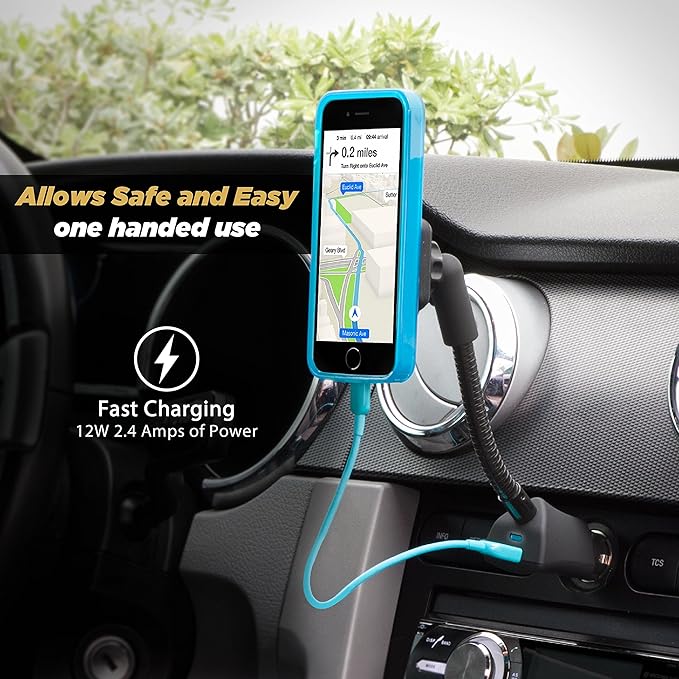 Scosche Magnetic Phone Mount for Car, USB Cigarette Lighter Adapter with Phone Holder, 12V Socket Plug-In, Adjustable Arm, Secure Magnet Grip, Built-In USB Charger for iPhone & Android Cell Phones