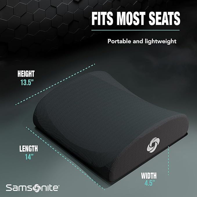 Samsonite Ergonomic Lumbar Support Pillow for Office Chair, Gaming Chair, or Car, Memory Foam Cushion with Breathable Ventilated Mesh and Adjustable Strap for Long Lasting Back Support