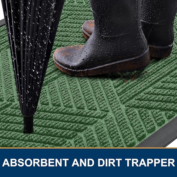 Smiry Front Door Mat Outside Entrance, Heavy Duty Sturdy Natural Rubber Doormat, Trap Dirt and Moisture, Easy Clean Low Profile Mats for Indoor Outdoor Entry, Irregular Triangle (47x32, Green)