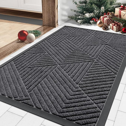 Smiry Front Door Mat Outside Entrance, Heavy Duty Sturdy Natural Rubber Doormat, Trap Dirt and Moisture, Easy Clean Low Profile Mats for Indoor Outdoor Entry, Irregular Triangle (29.5x17, Light Grey)