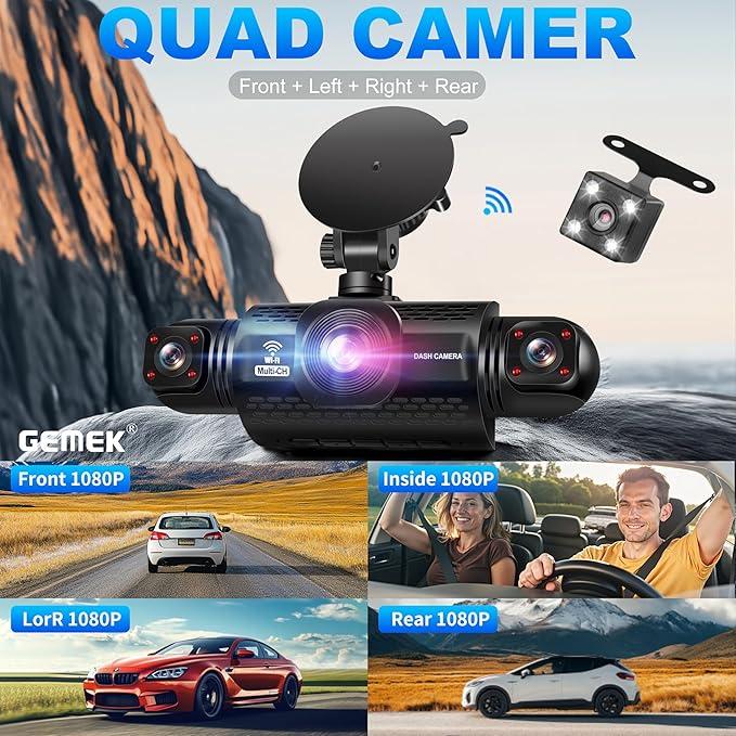 360 Degree View 4 Channel Dash Cam 5G WiFi & App Control, GEMEK 2K Front and Rear Inside, Left and Right Dash Camera for Cars, Free 64GB TF Card, G-Sensor, Night Vision, 24-Hour Parking Mode