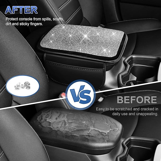 Bling Center Console Cover Fit for Nissan Rogue Sport 2017-2022: Crystal Rhinestone Automotive Armrest Cushion-Stylish Diamond Arm Rest Protection Mat(Black)
