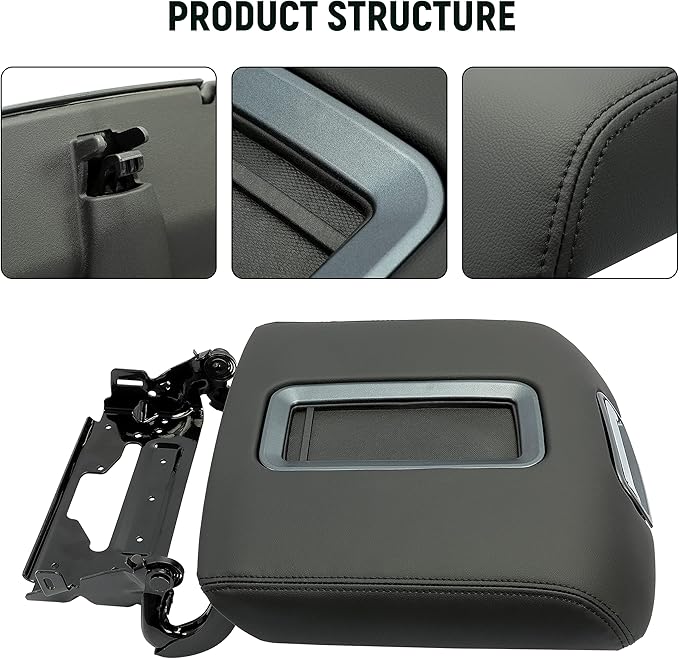 ECOTRIC Center Console Armrest Lid Compatible with 2014-2018 Chevrolet Silverado/GMC Sierra, 2015-2020 Tahoe Yukon Suburban Replace for 0227083AA L0227083AA w/Steel Bracket Black Artificial Leather
