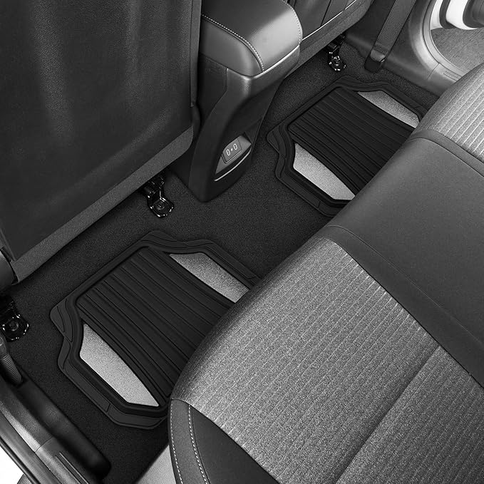 Motor Trend ChromeTech Car Floor Mats Full Set - Durable Rubber Floor Mats for Cars with Two Tone Accent, All Weather Interior Protection for Front and Rear with Non-Slip Backing, Silver Chrome