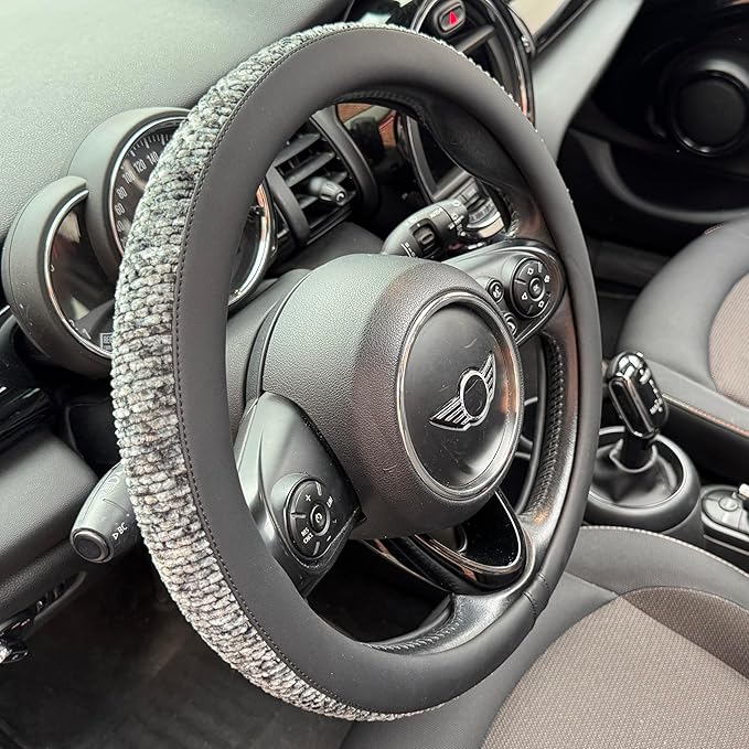 PINCTROT Chenille Leather Steering Wheel Cover, Soft Mottled Colors, Sweat-Proof, Non-Slip Grip, All-Season Comfort, Universal 14.5-15 Inch(Mottled Gray)