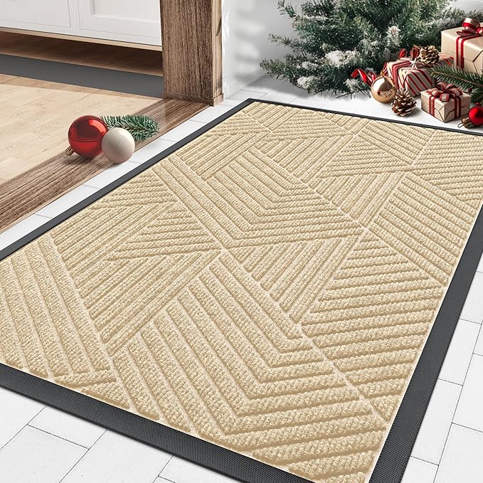 Smiry Front Door Mat Outside Entrance, Heavy Duty Sturdy Natural Rubber Doormat, Trap Dirt and Moisture, Easy Clean Low Profile Mats for Indoor Outdoor Entry, Irregular Triangle (29.5x17, Beige)