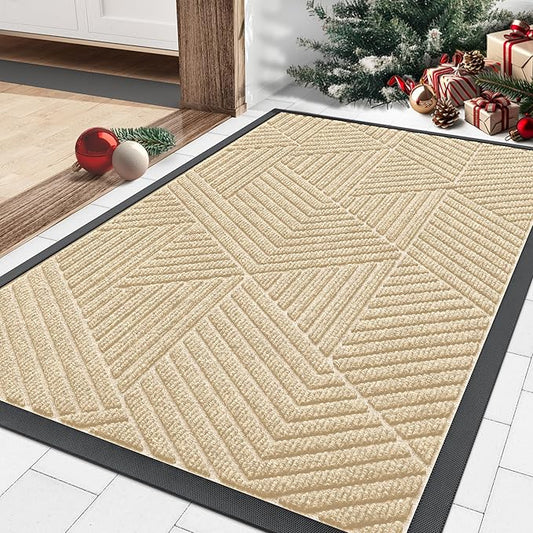 Smiry Front Door Mat Outside Entrance, Heavy Duty Sturdy Natural Rubber Doormat, Trap Dirt and Moisture, Easy Clean Low Profile Mats for Indoor Outdoor Entry, Irregular Triangle (29.5x17, Beige)