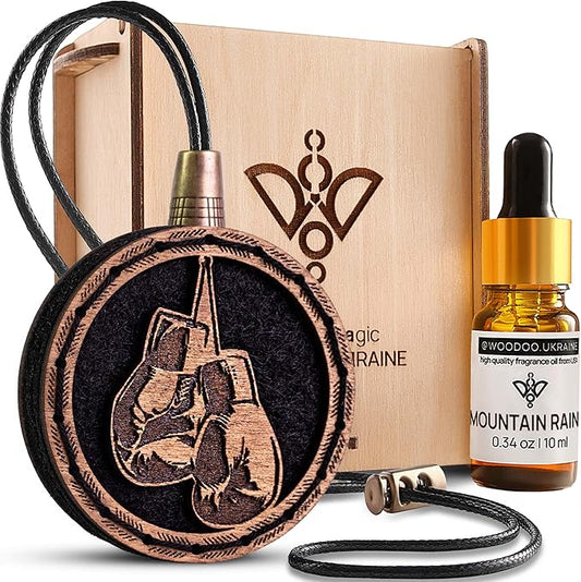 Wood Car Air Freshener — Handmade Car Air Freshener — Boxing Gloves Designed Fragrance Oil Diffuser in Wooden Gift Box — Aromatherapy Gift Set with Mountain Rain Fragrance Oil - 10 ml