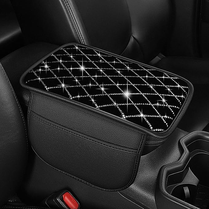 YORKNEIC Bling Car Center Console Cover Fit for Ford Bronco: Middle Armrest Cover with Crystal Rhinestones, Diamond Automotive Interior Car Arm Rest Cover Pad Protector(Black&Silver Diamond)